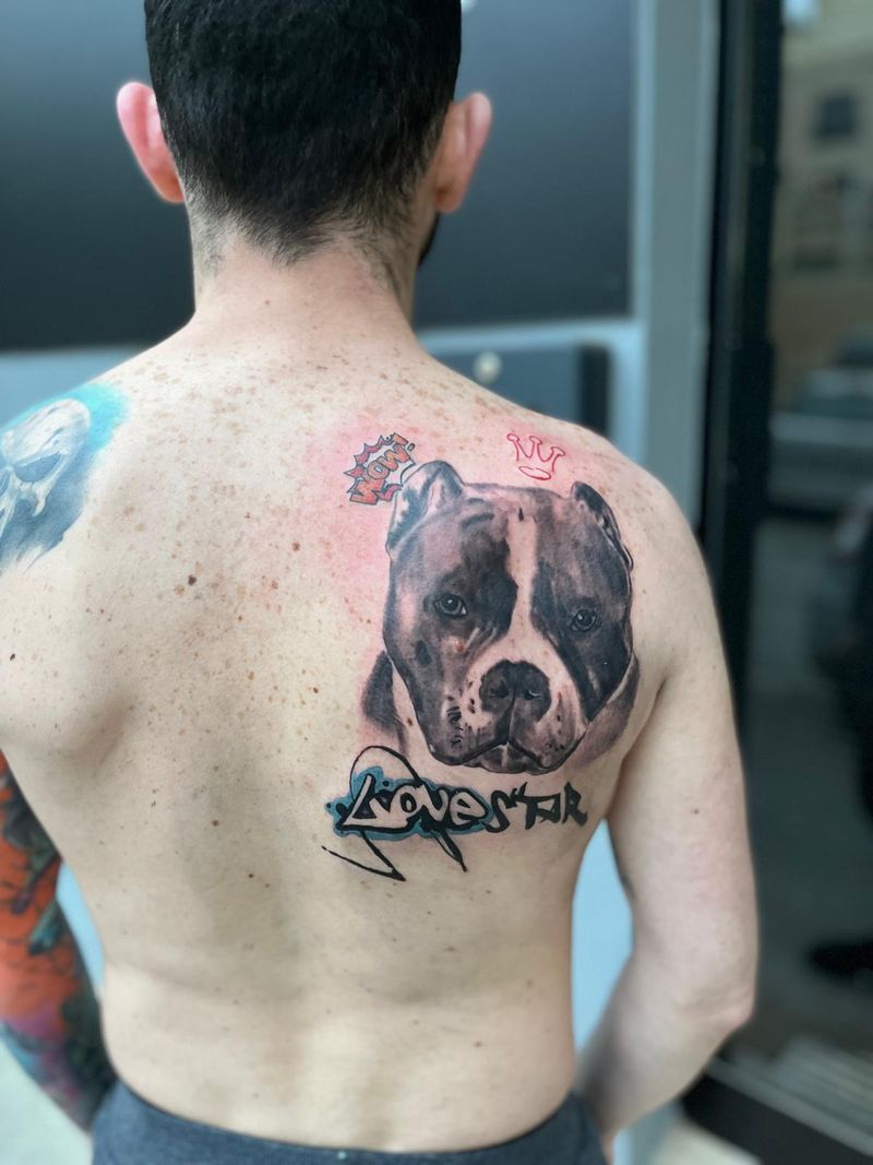 Full colour back piece: a portrait of a bully breed dog under a graffiti name tag
