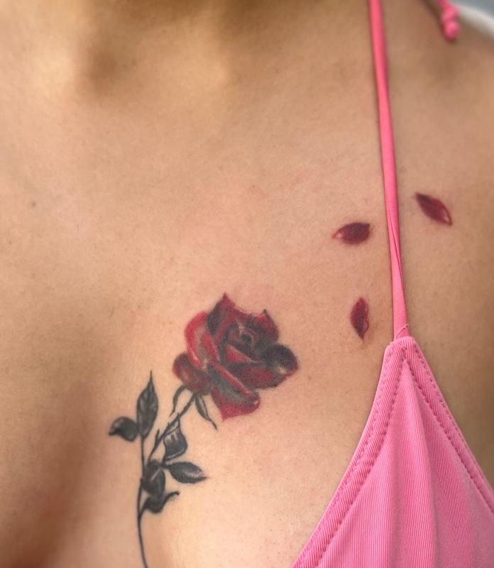 Red and black rose on the chest with falling petals